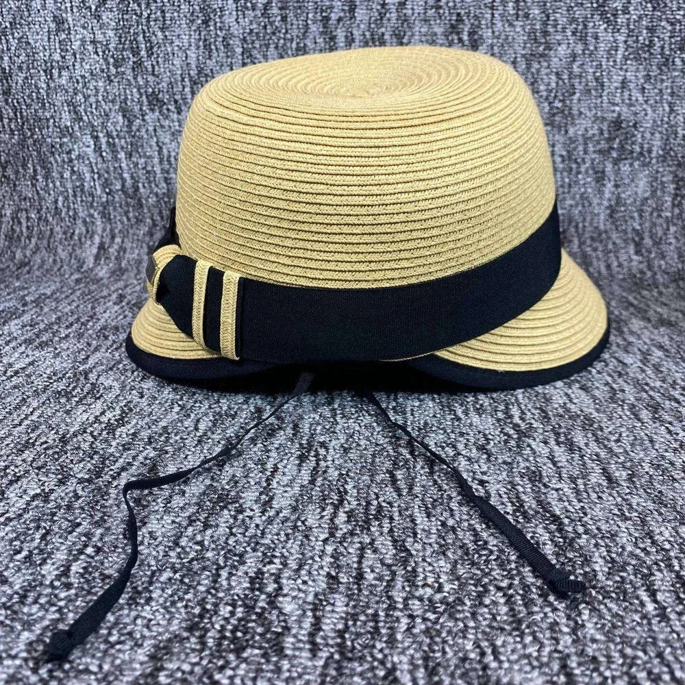 HBY Miami Straw Sun‎ Hat Wide Brim Black Ribbon Bow Beach Bucket Visor Women OS